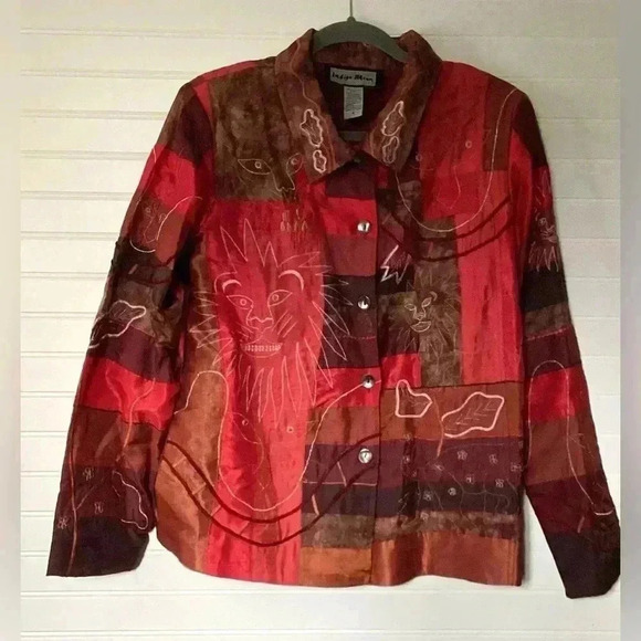 Indigo Moon Patcgwork Lion stitching Ling Sleeve Jacket Size Small Oversized Red - Picture 2 of 16